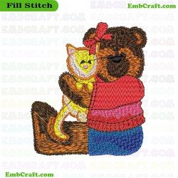 Bear And Cat Embrace Embroidery Design 125