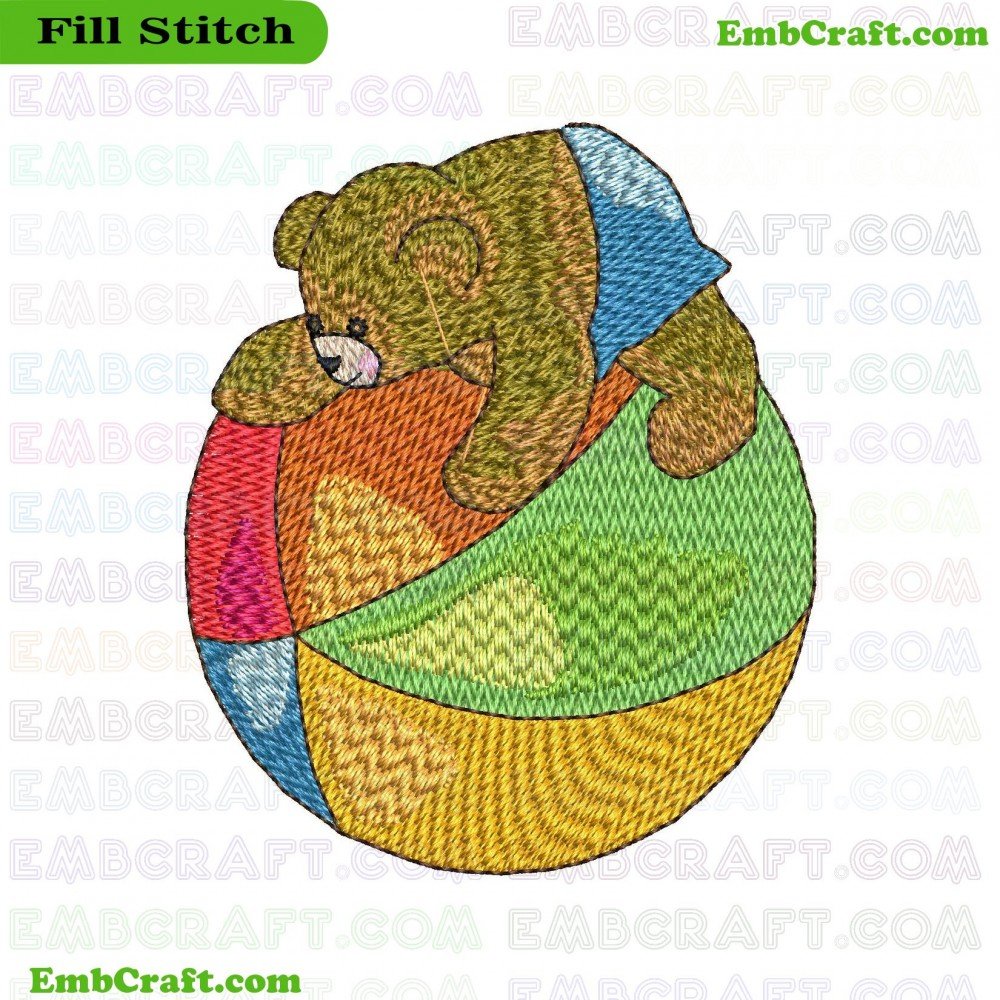 An embroidery design showing a seated bear hugging a multicolored beach ball.