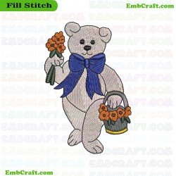 Bear Holding Flower Bouquet And Basket Embroidery Design 219