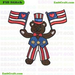 Bear Holding US Flags Embroidery Design 361