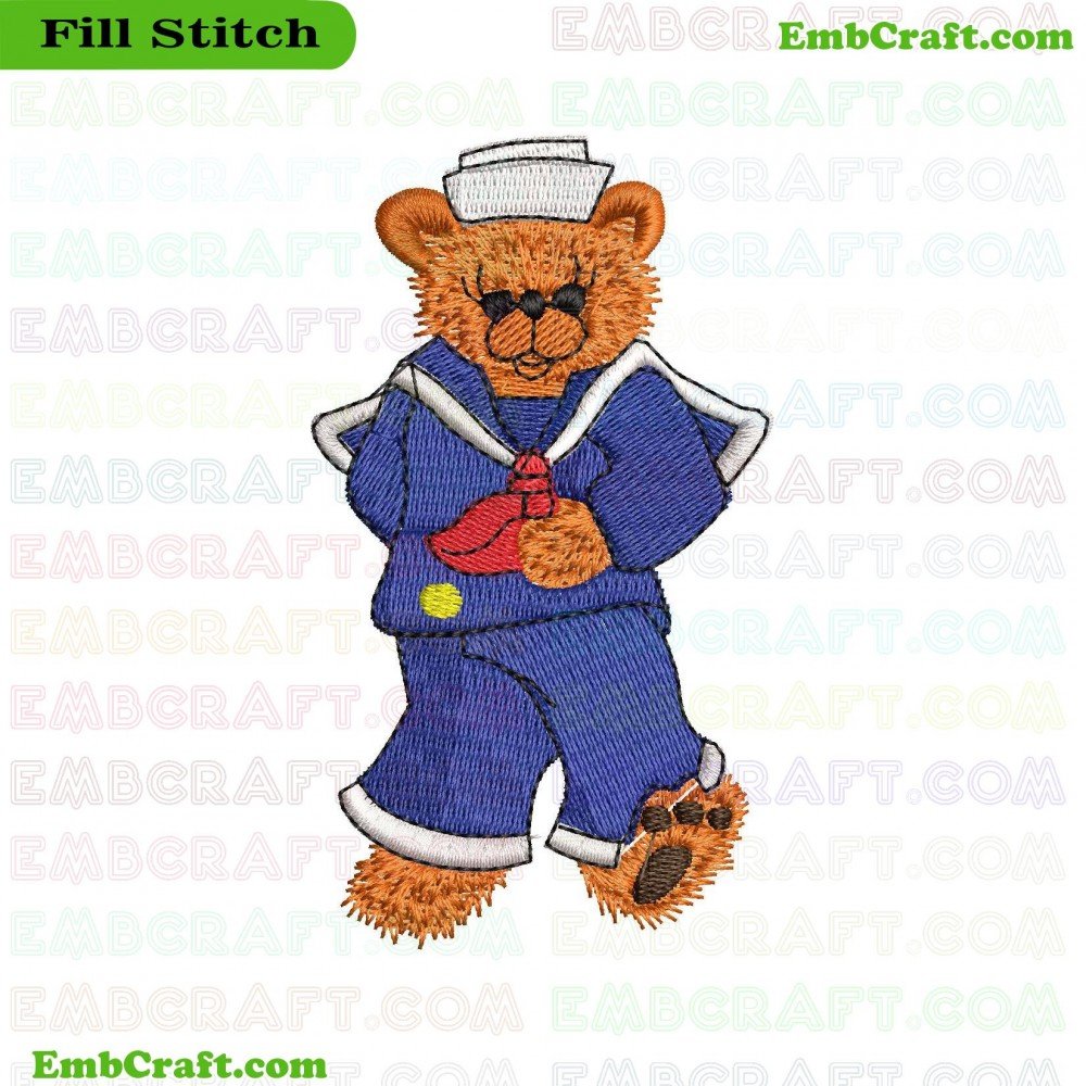 An embroidered depicting a bear dressed in a blue sailor suit with white trim and a white hat.