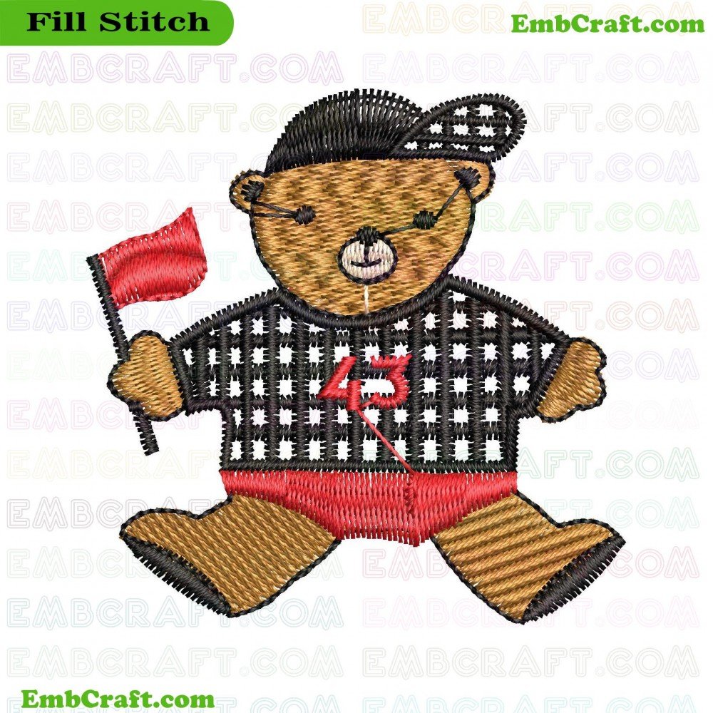 An image of an embroidered bear wearing a sports jersey with the number 43, shorts, and cap while holding a red flag.