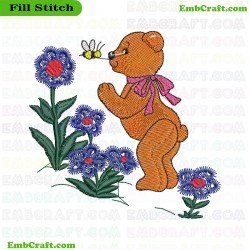 Bear Interacting With Bee Among Flowers Embroidery Design 72