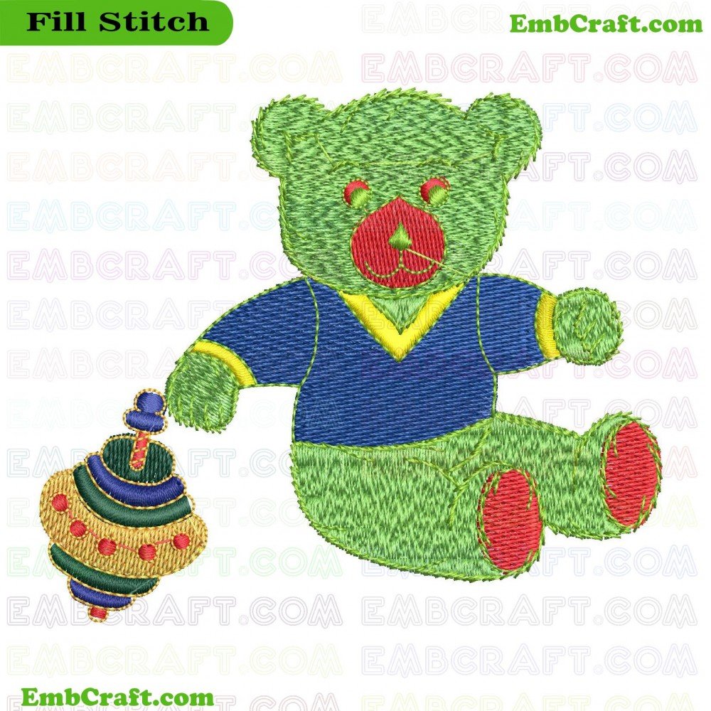 An embroidered image of a green bear sitting and holding a colorful spinning top.