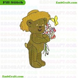 Bear With Straw Hat Holding Flowers Embroidery Design 313