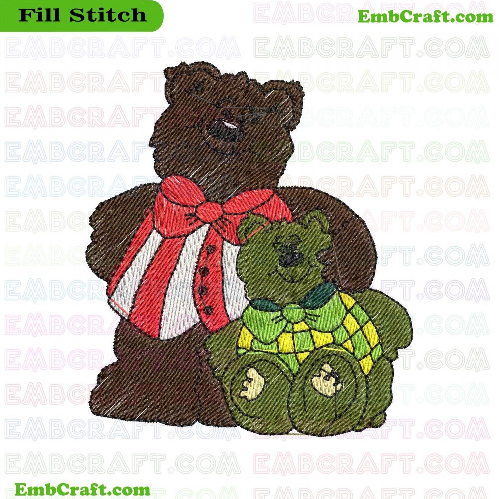 Bears With Distinctive Colors And Attire Embroidery Design 326 An image of two embroidered bears, the first one in green sitting with a large yellow tie featuring black diamond patterns, and the second one in brown standing behind the first one wearing a large red tie with white stripes.