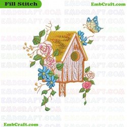 Birdhouse And Butterfly Embroidery Design 58