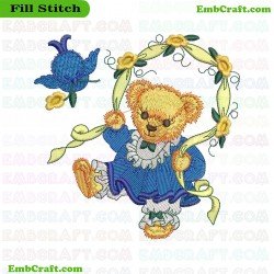 Blue Dressed Teddy And Flying Bird Embroidery Design 8