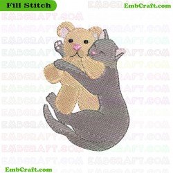 Cat Hugging Teddy Bear Embroidery Design 2