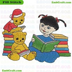 Child Reading With Teddy Bears Embroidery Design 695