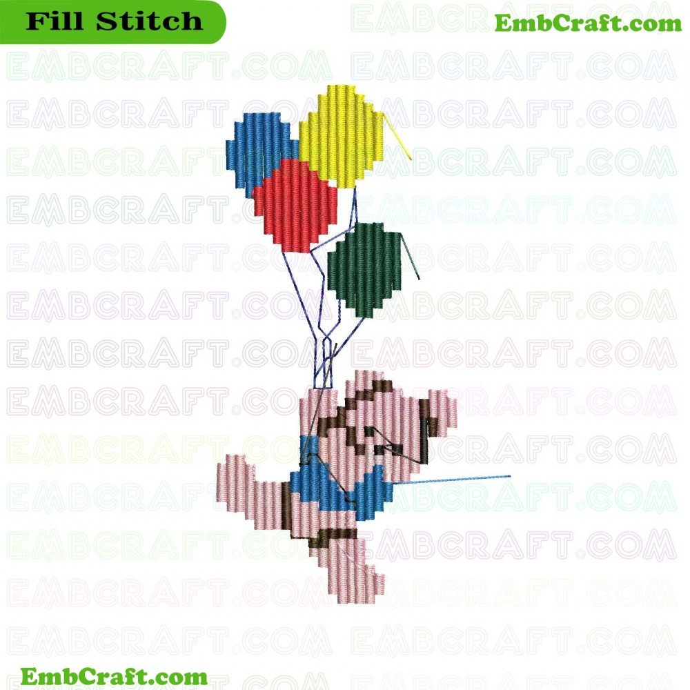 Colorful Balloon Bear Embroidery Design 742 A embroidery image of a bear holding onto strings attached to five colorful balloons.