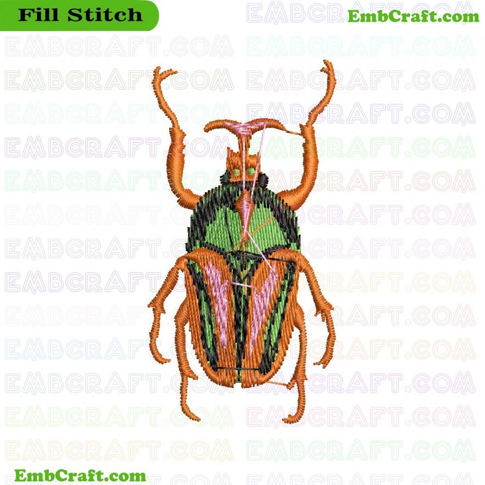 An image of a beetle embroidered with vibrant colors showcasing intricate details of the beetle's body and limbs.