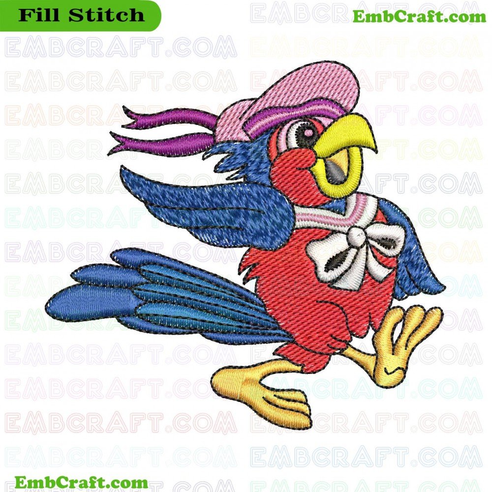 An image of an embroidered bird with vibrant colors featuring a red body, blue wings, and pink head with some purple on top.