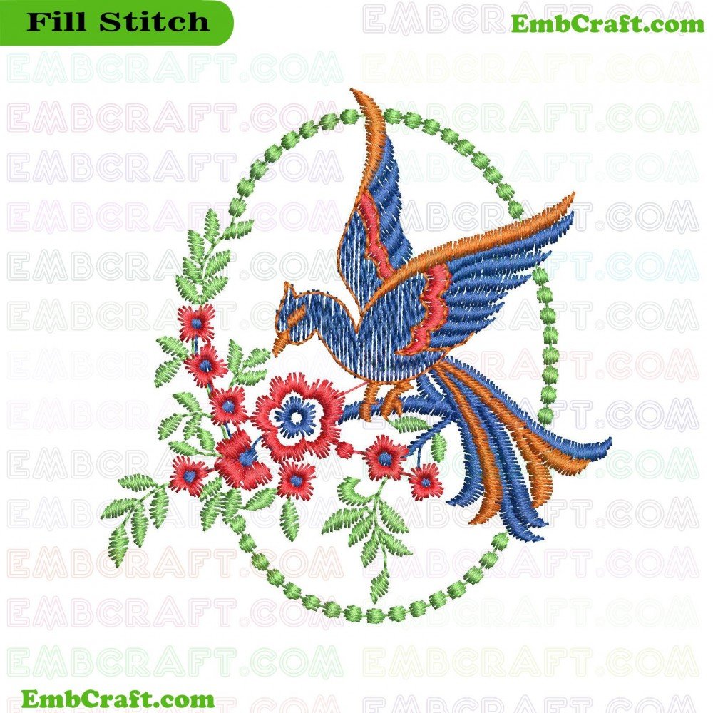 The image displays an embroidery design featuring a colorful bird with outstretched wings, encircled by a frame of green leaves and interspersed with red and blue flowers.