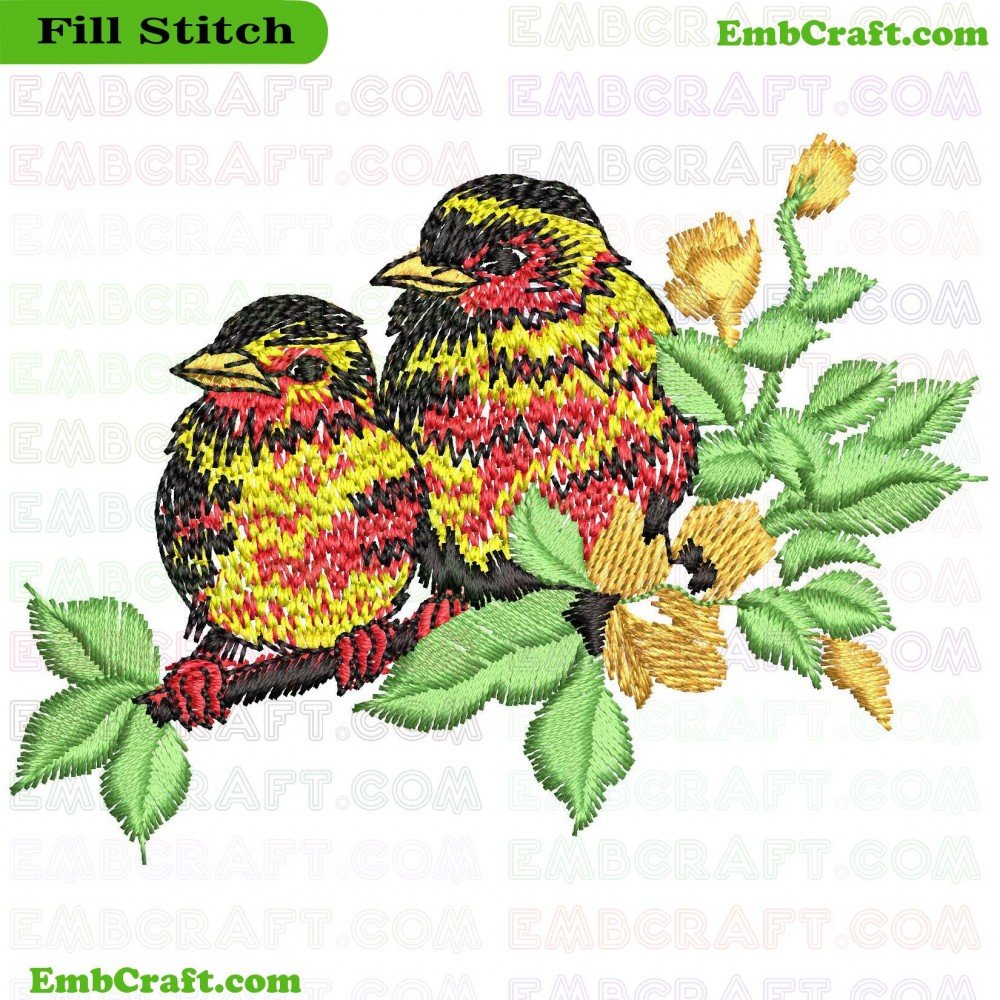 An embroidery design featuring birds in red, yellow, and black colors with green leaves and flowers.