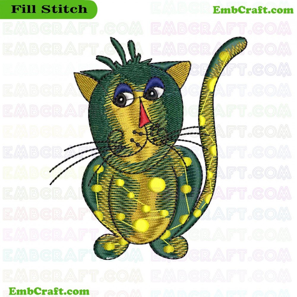 An embroidered design of a cat with vibrant colors and intricate details.