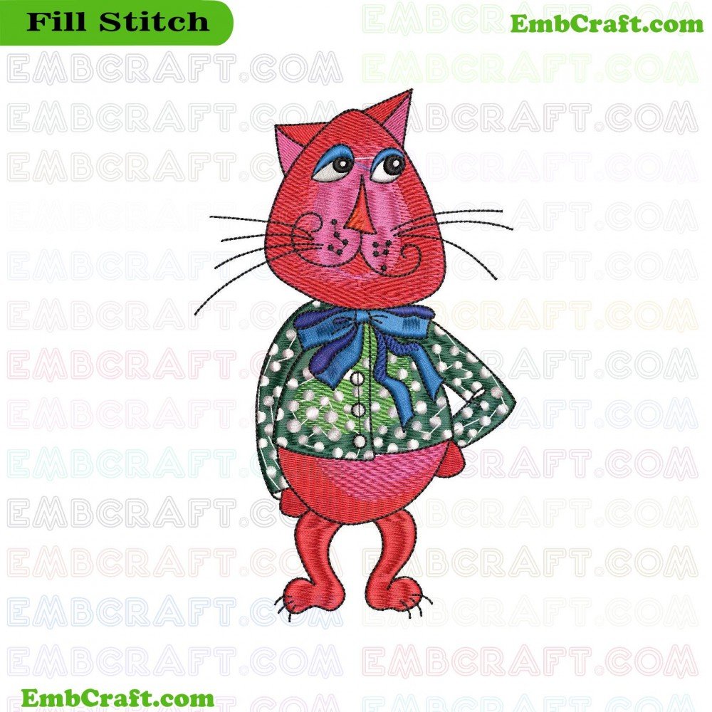 An embroidery design of a standing cat dressed in a green jacket and blue scarf.