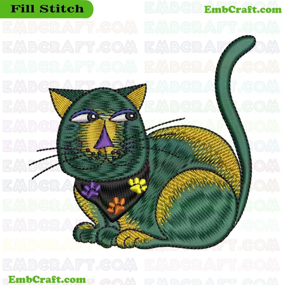 An embroidery design of a cat with vibrant colors, featuring a green body with yellow and black stripes.
