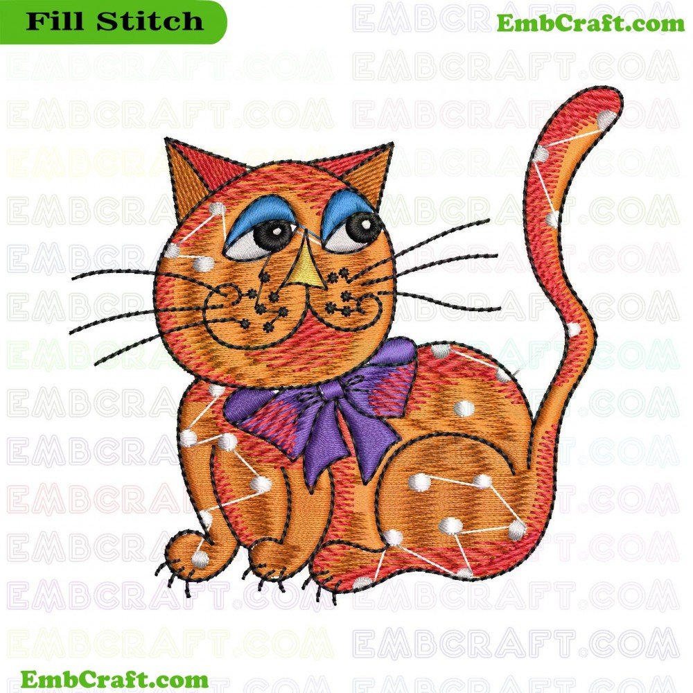 An image of an embroidery piece depicting a cat with orange fur, dark stripes, white spots, large blue eyes, and a purple bow.