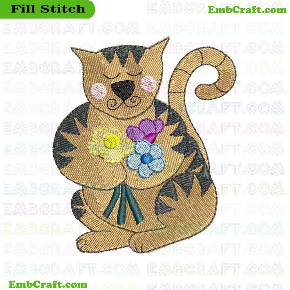 An embroidery design featuring a cat with various colors and shapes, adorned with embroidered flowers on its chest.