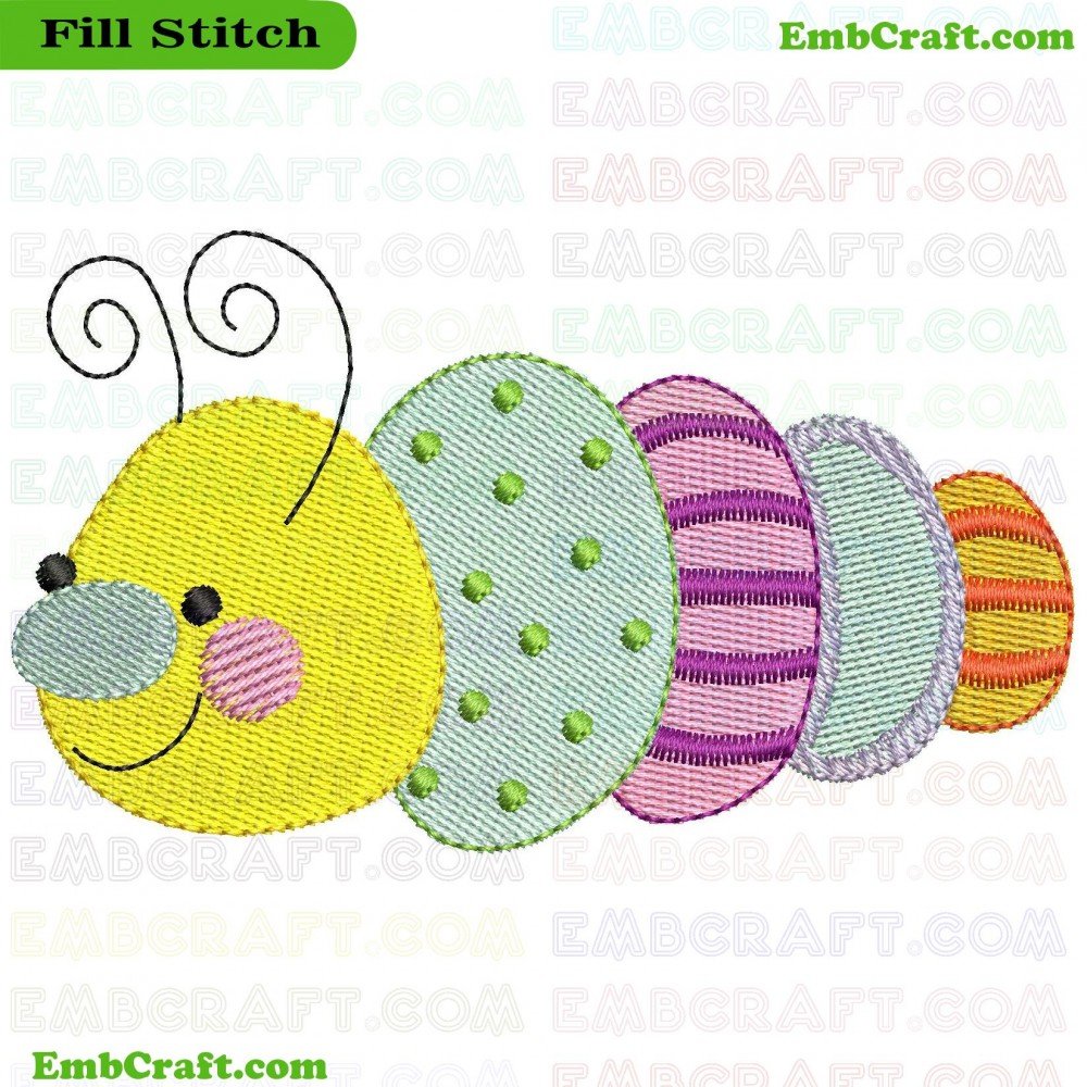 An embroidery design featuring a smiling caterpillar composed of various brightly colored segments with different patterns.