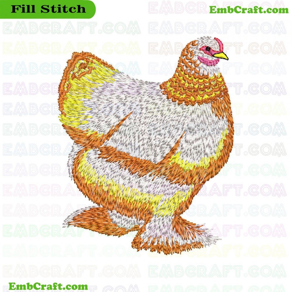 An embroidery image of a chicken with vibrant colors including white, orange, yellow, and pink.