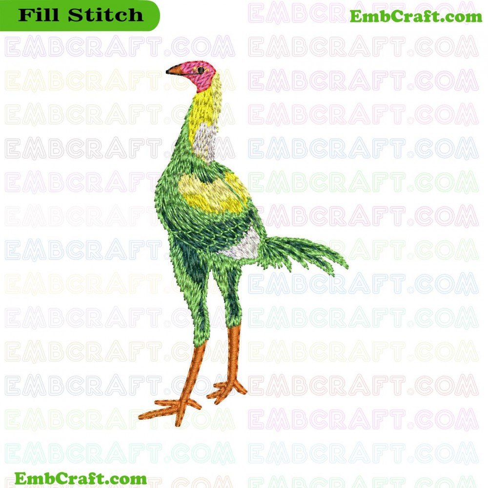 An image of a chicken embroidered with vibrant and richly detailed colors.