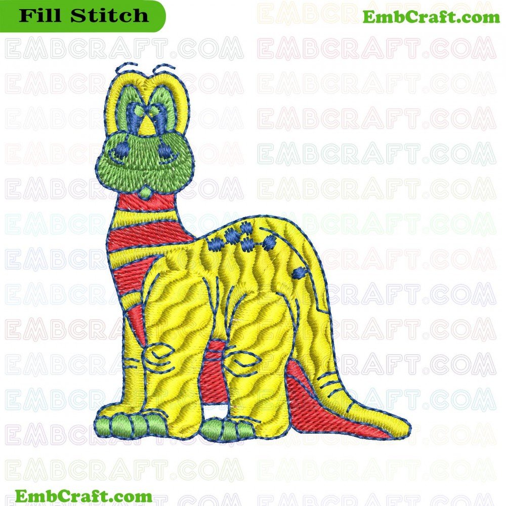 An image showing a brightly colored embroidered dinosaur with tight stitching.