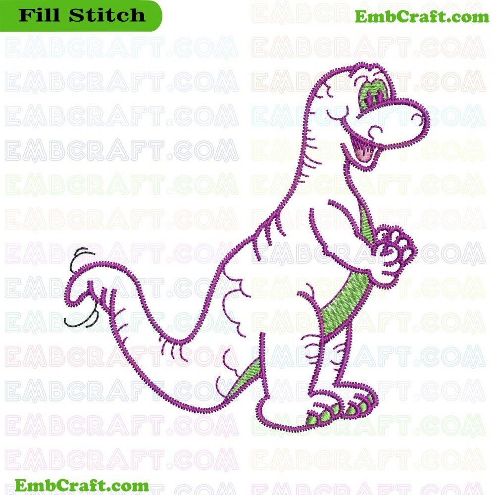 An image of an embroidered dinosaur outlined in purple and filled with green, standing on its hind legs with an extended tail.