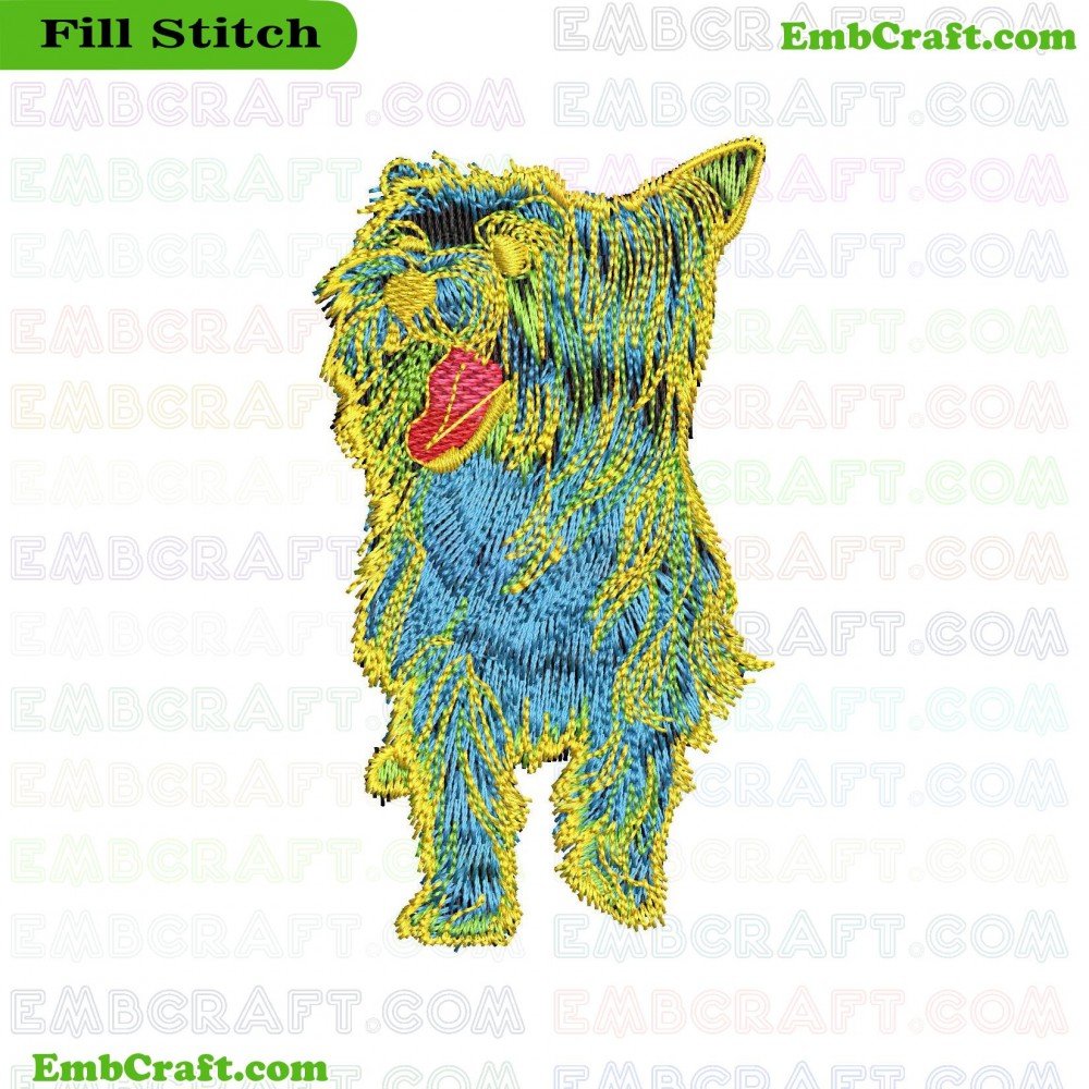 An image of an embroidery showing a dog using blue and yellow threads with a red tongue.