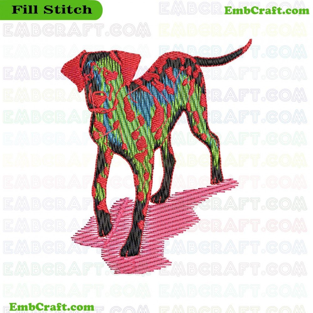 An image of embroidery showing a multicolored dog in reds, greens, and blues against a simple background.