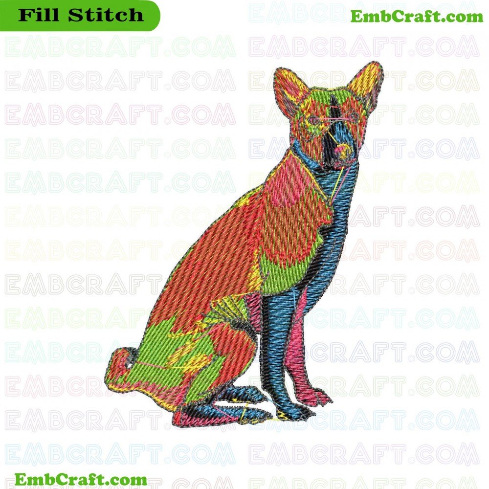 An image of an embroidered artwork depicting a sitting dog in multiple colors with an abstract artistic style.
