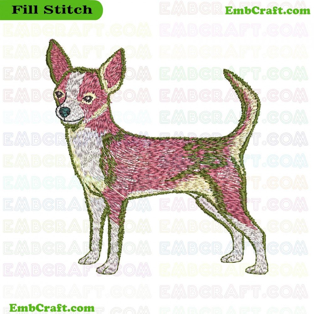 An image of an embroidery representing a dog with various shades of pink, green, and white threads, showing intricate details in the stitching.