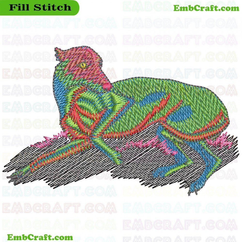 An image of a dog embroidered with multiple colors highlighting shape and muscular details.