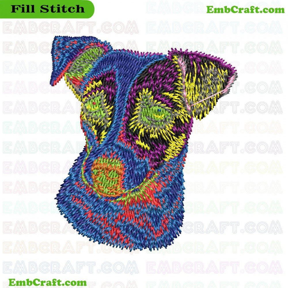An embroidery an abstract artistic representation of a dog's head and upper shoulders using numerous small, multi-colored marks resembling stitches or brushstrokes.