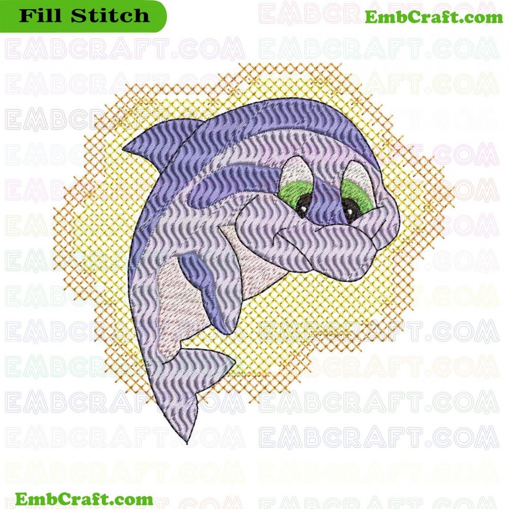 Colorful Dolphin Embroidery Design 3 An image showing an embroidery of a dolphin in blue and purple colors with a yellow background.