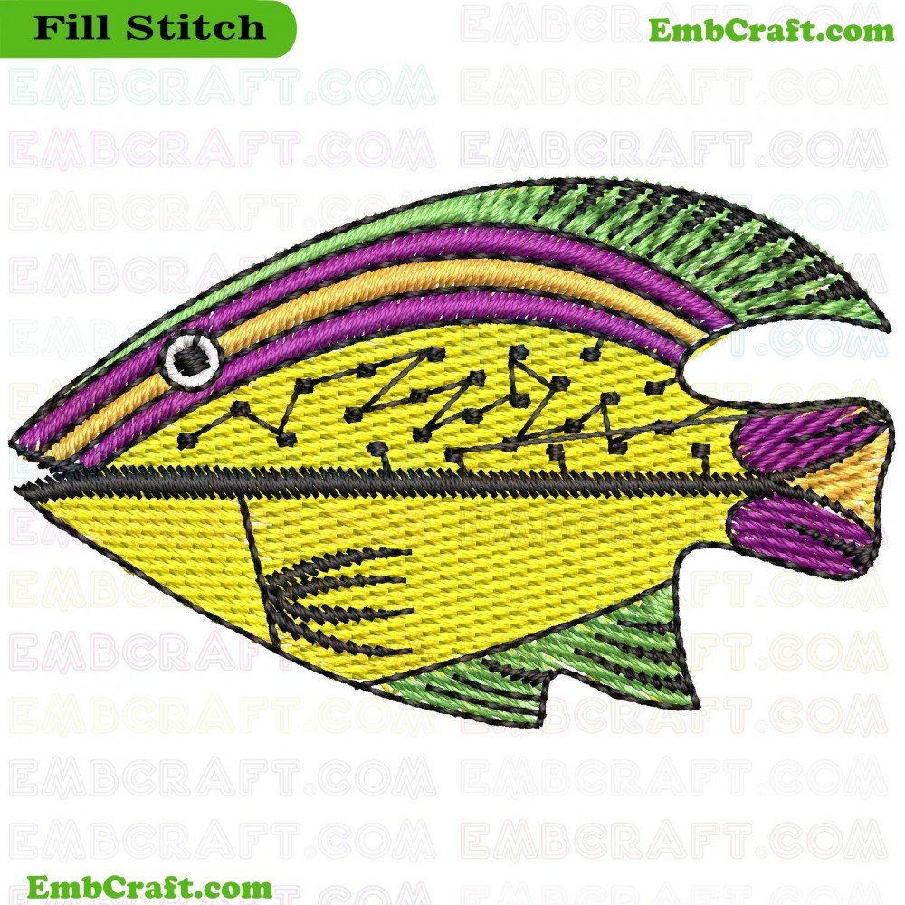 The image shows an embroidery of a fish with bright colors and various patterns.