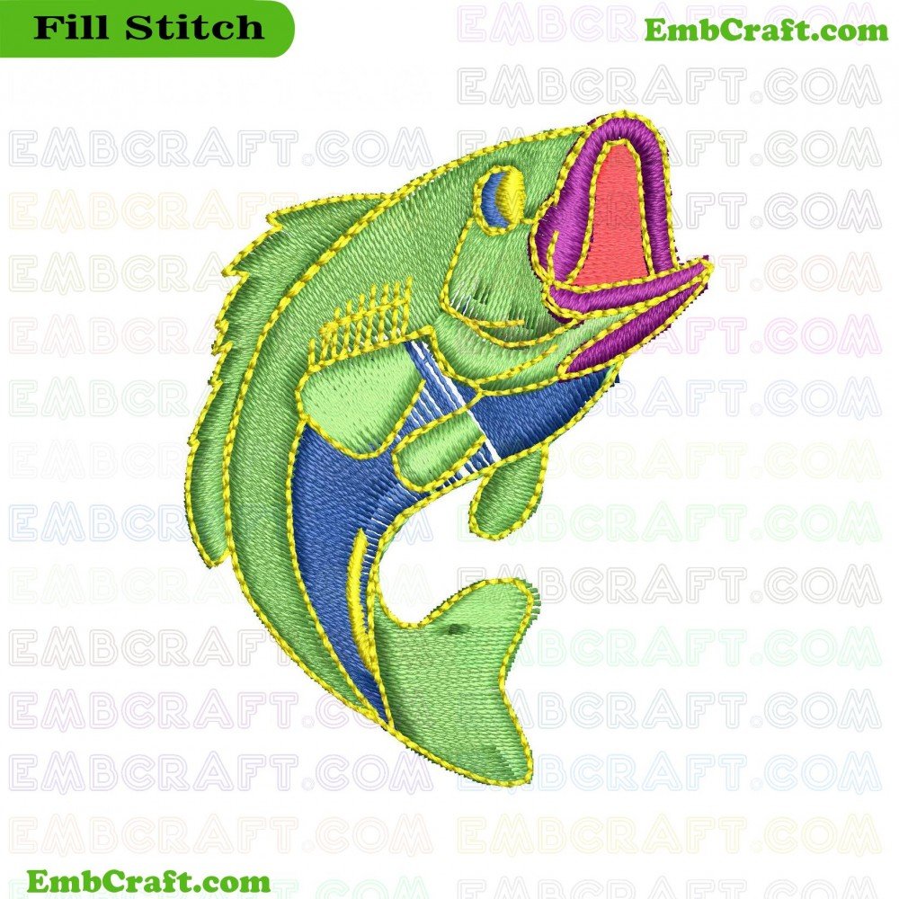 An image of a fish embroidered with bright colors and intricate details.
