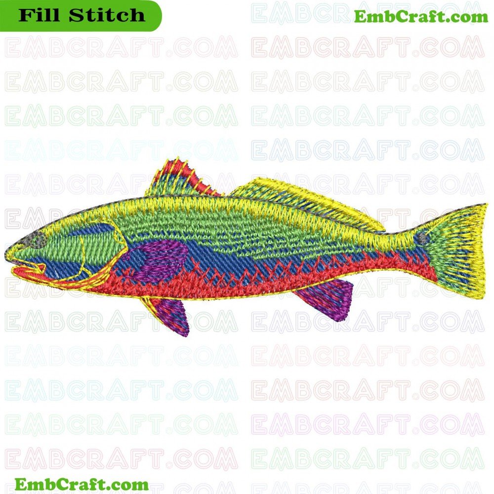 An image of an embroidery showcasing a fish in multiple vibrant colors including yellow, green, blue, purple, and red.
