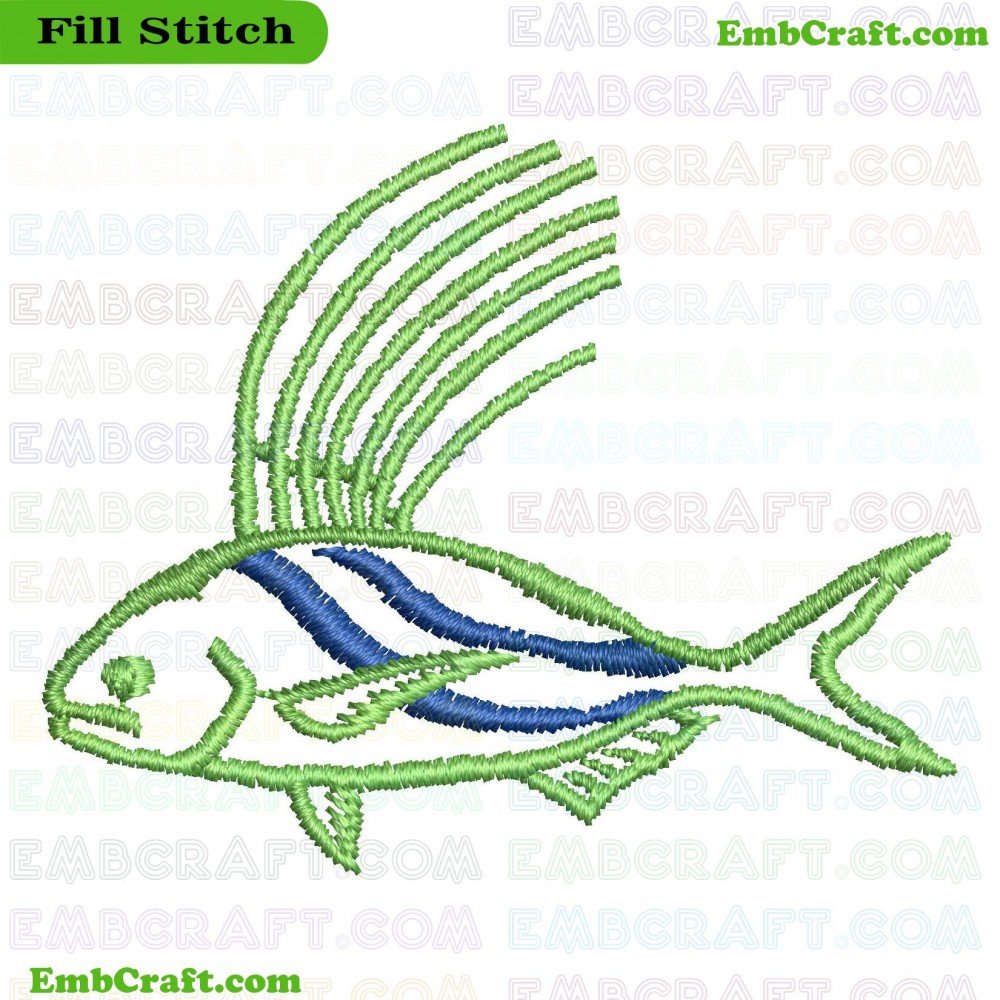 An embroidery design featuring a decorative fish in green and blue colors.