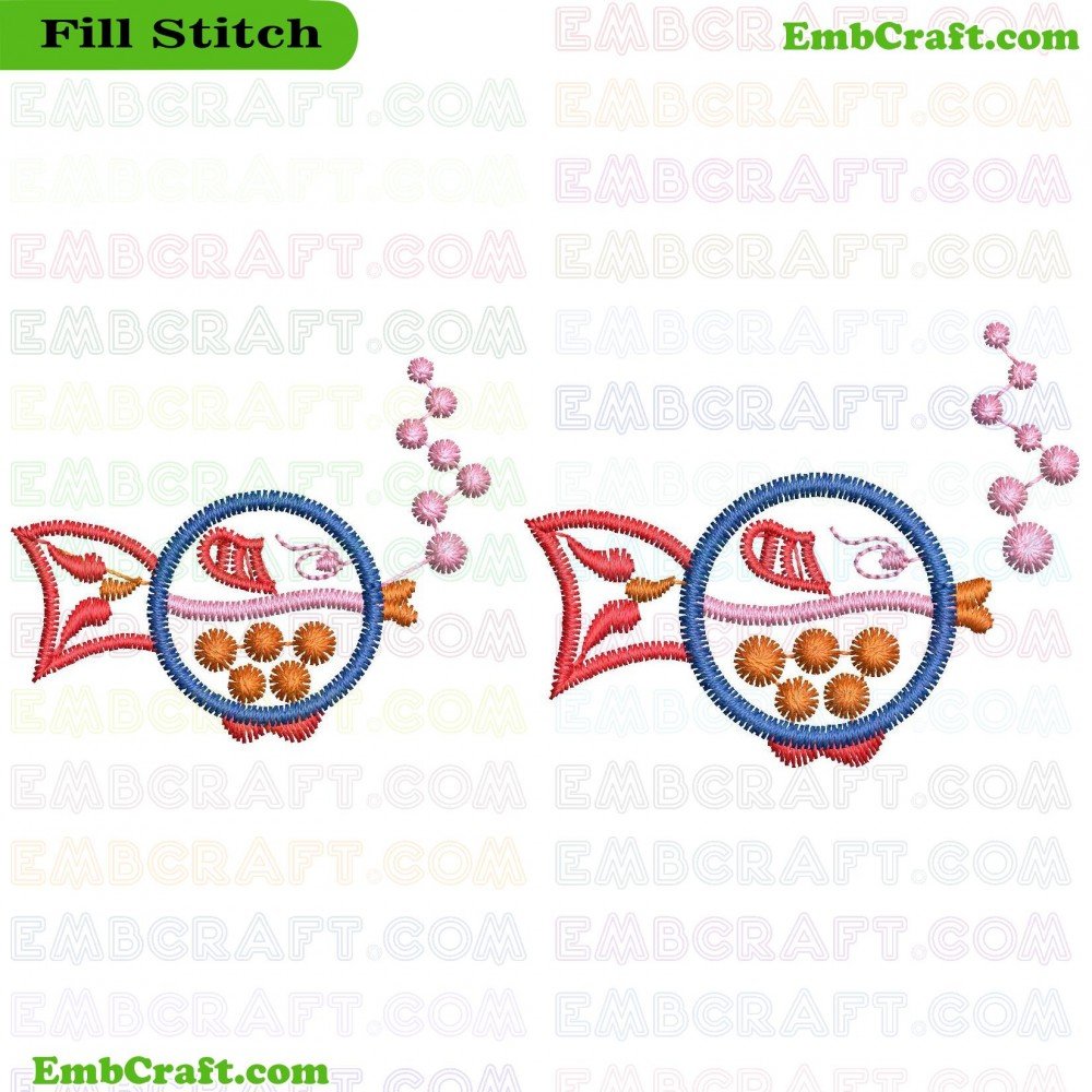 An embroidery design showcasing two fish with circular bodies decorated in vibrant colors, connected by a chain of stitched flowers.