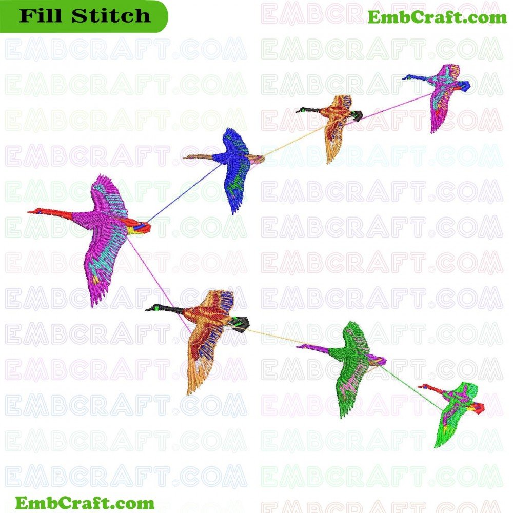 An image displaying Embroidery a group of vibrantly colored embroidered birds flying in a flock formation.