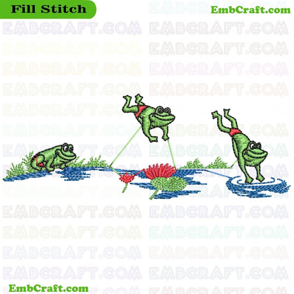An embroidery pattern depicting three vibrantly colored frogs in various poses against a backdrop representing water and foliage.