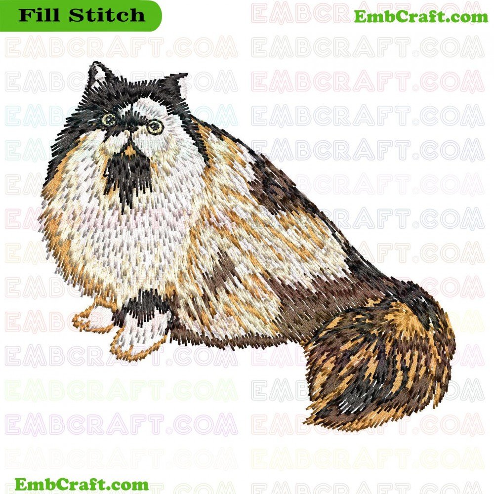 An embroidery piece depicting a cat with mixed-color fur in black, white, and brown, featuring distinct and richly detailed facial features.