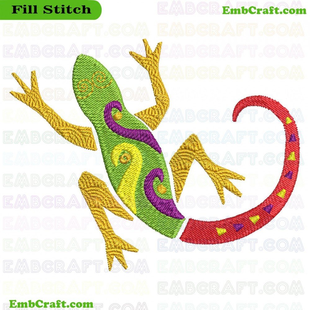 An image of an embroidery showing a colorful lizard with vibrant colors and various patterns.