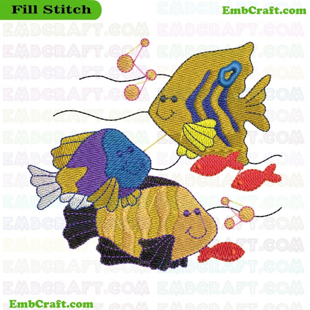 An embroidery showcasing three fish in various colors and shapes, accompanied by sea plants and bubbles.