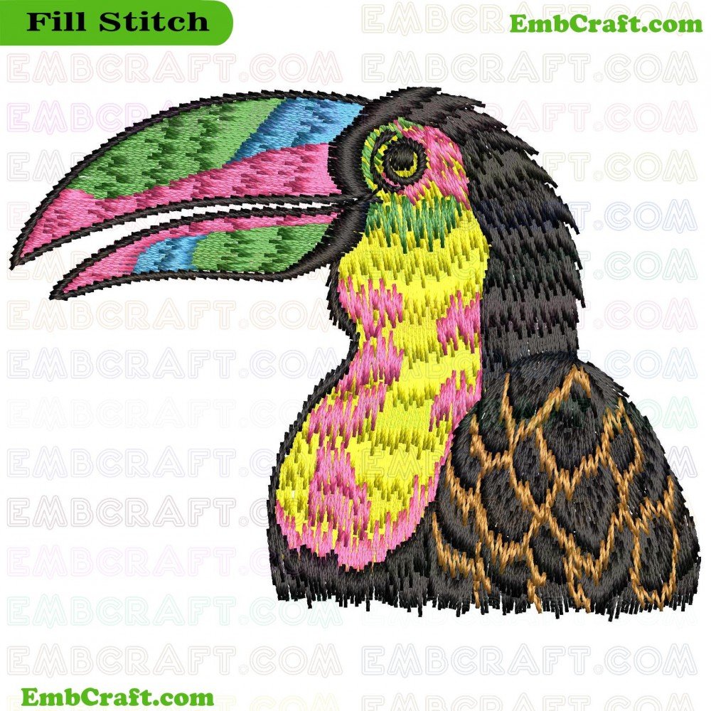 An image showing an embroidered parrot with bright colors and intricate details highlighting the beauty of the bird.