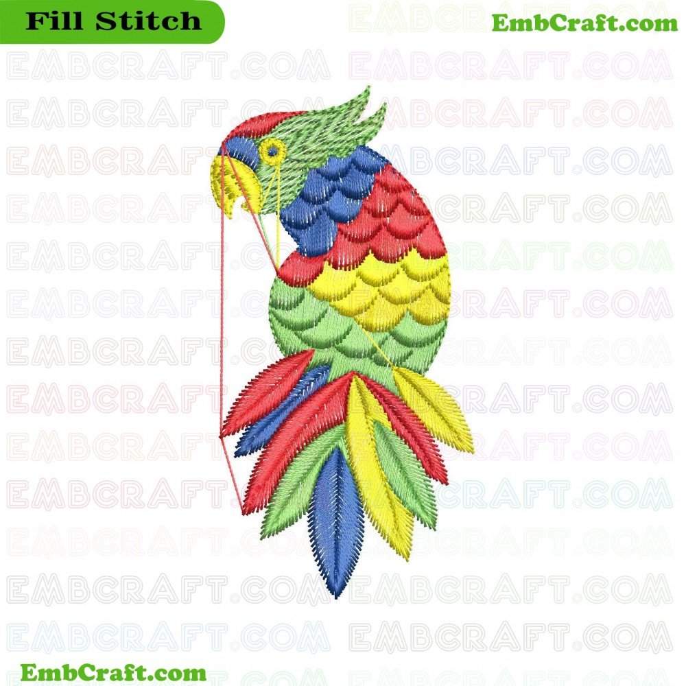 An embroidery piece depicting a brightly colored parrot with an open beak.