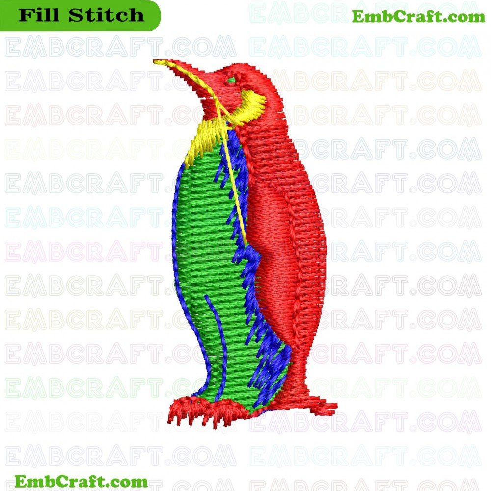 The image shows an embroidered depiction of a penguin standing upright with vibrant colors and detailed stitching.