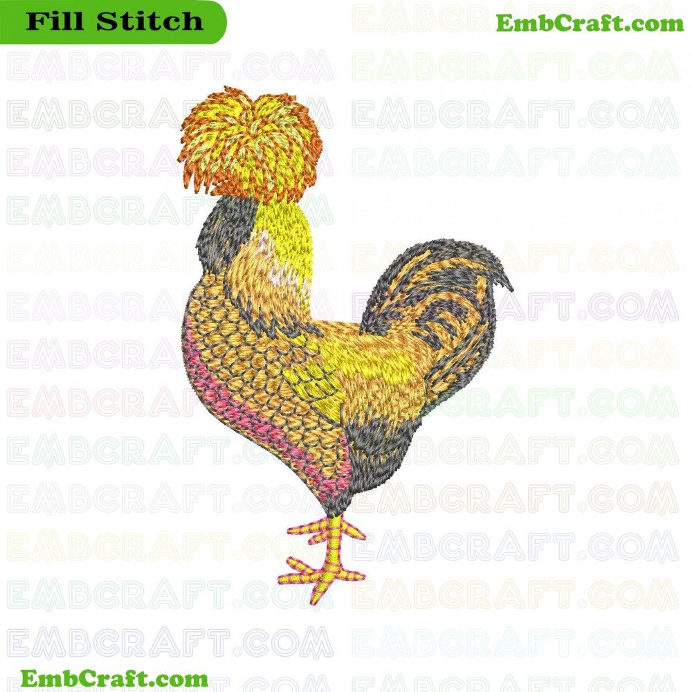 An embroidered image of a rooster with vibrant colors including yellow, orange, and gray. The rooster features intricate details in the feathers and color gradients.